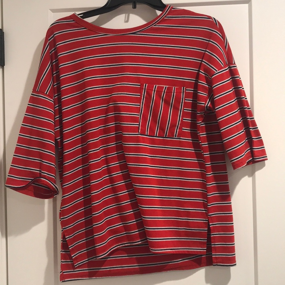 red white and navy blue shirt with pocket.